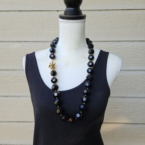 kate spade oversized black faceted bead necklace with gold tone bow